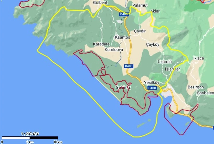 Patara Ock Bolgesi Sinirlari Sari Cizgili Alani Kapsiyor Kirmizi Cizgiyle Belirtilen Alanlar Ise Kesin Korunacak Alanlari Gosteriyor