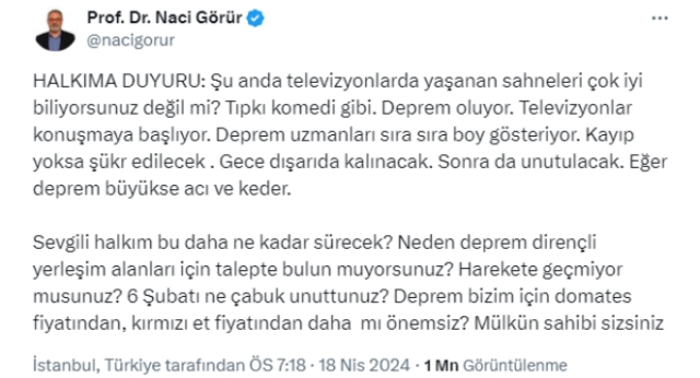 Naci Gorur Deprem Uyarisi