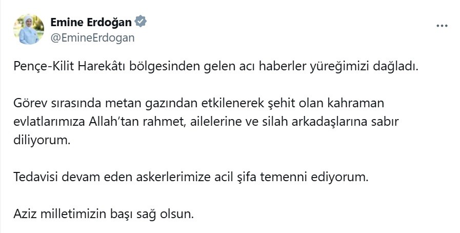 Emine Erdoğan'dan Metan Gazına Maruz Kalarak Şehit Olan 12 Asker Için Başsağlığı Mesajı