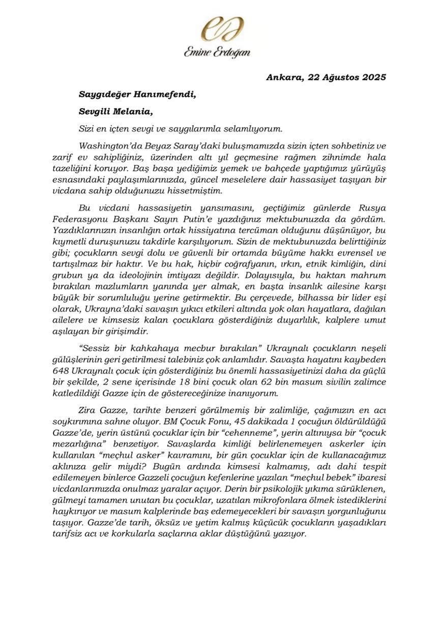 Emine Erdoğan'dan Melania Trump'a Gazze'deki Insani Krize Ilişkin Mektup (2)