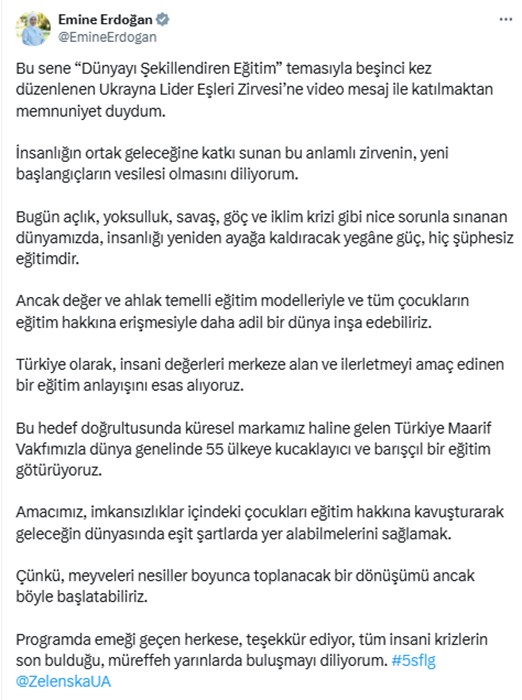 Emine Erdoğan, 5. Lider Eşleri Zirvesi'ne Video Mesaj Gönderdi
