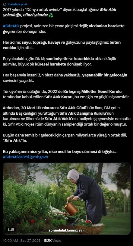 Emine Erdoğan'dan Sıfır Atık Projesinin Yıl Dönümüne Ilişkin Paylaşım