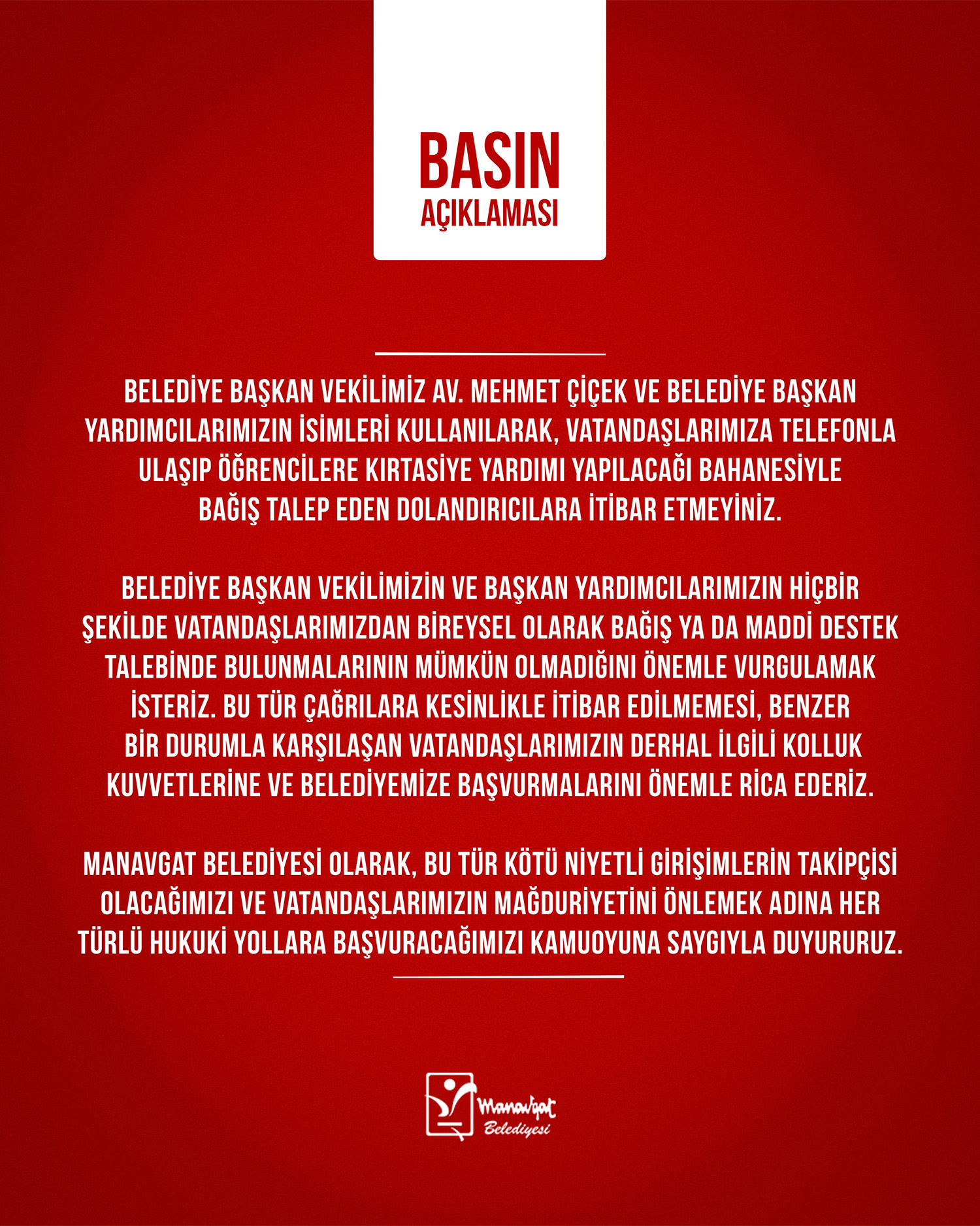 Manavgat Belediyesi'nden Dolandırıcılık Uyarısı (2)