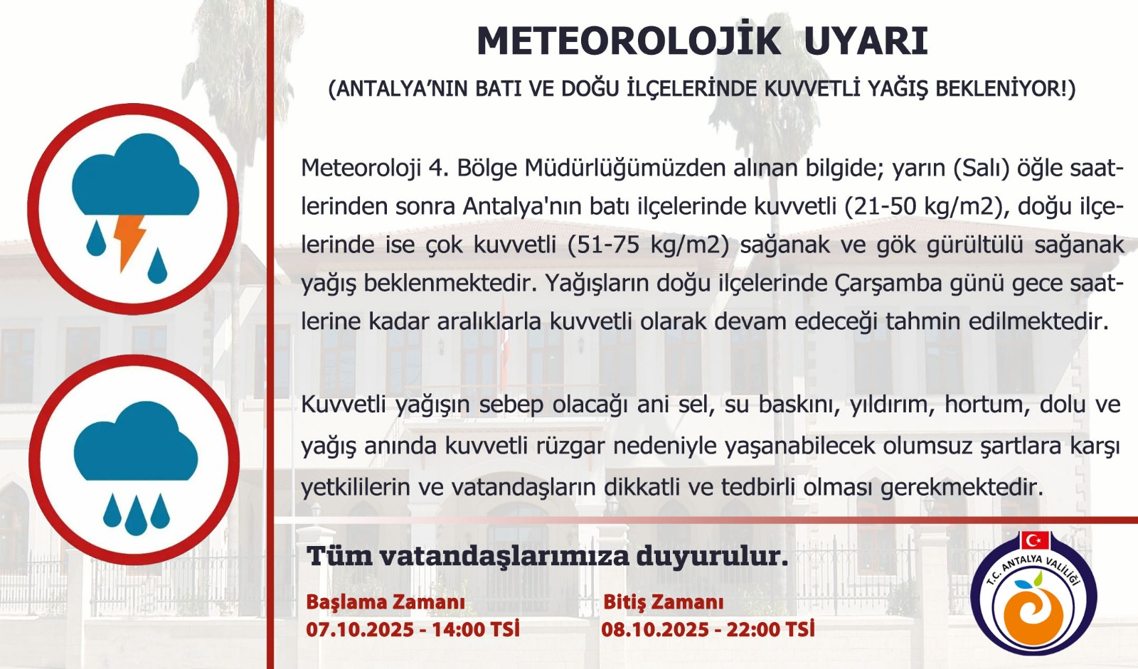 Antalya Valiliiği Yağış Uyarısı