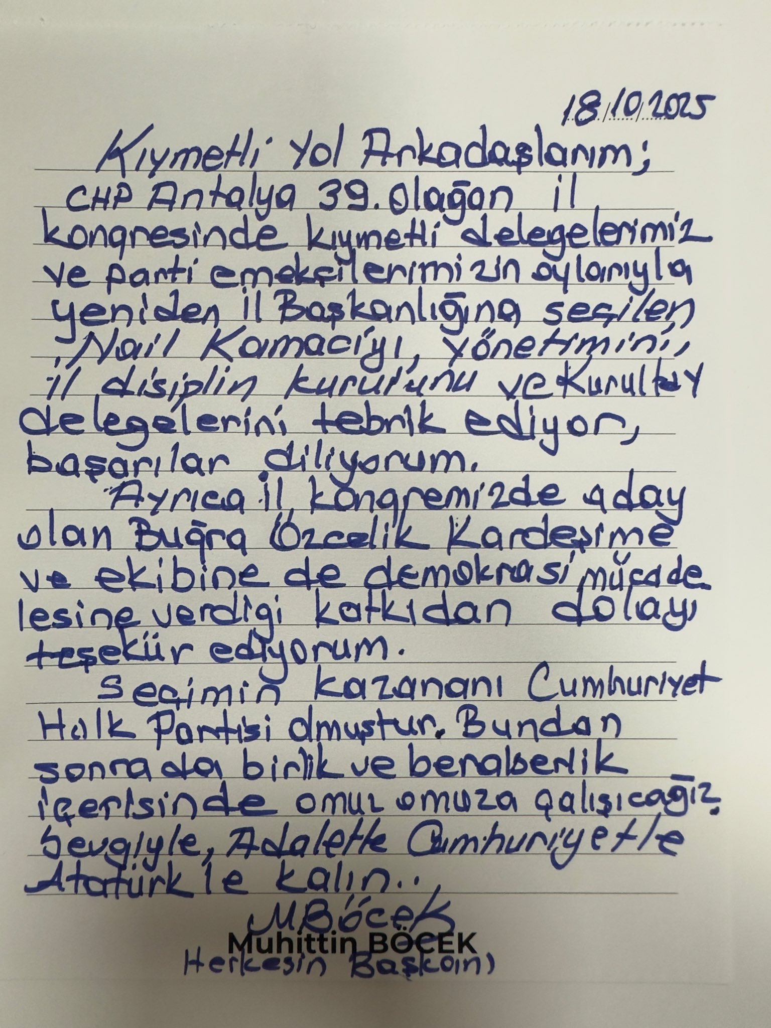 Muhittin Bocekten Baskan Kamaciya Mektup