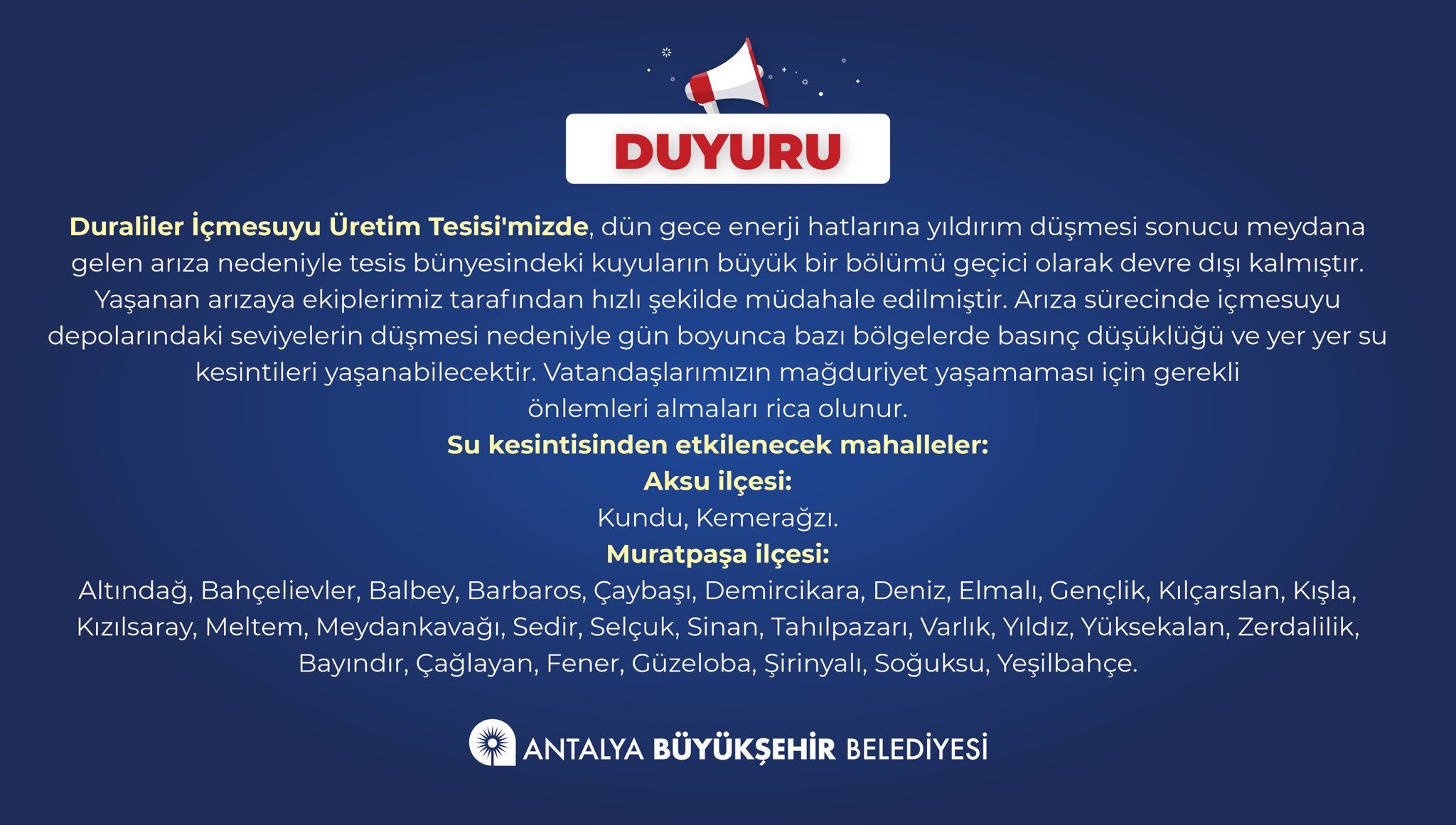 Antalya’daki Çok Sayıda Mahallede Sular Kesilecek