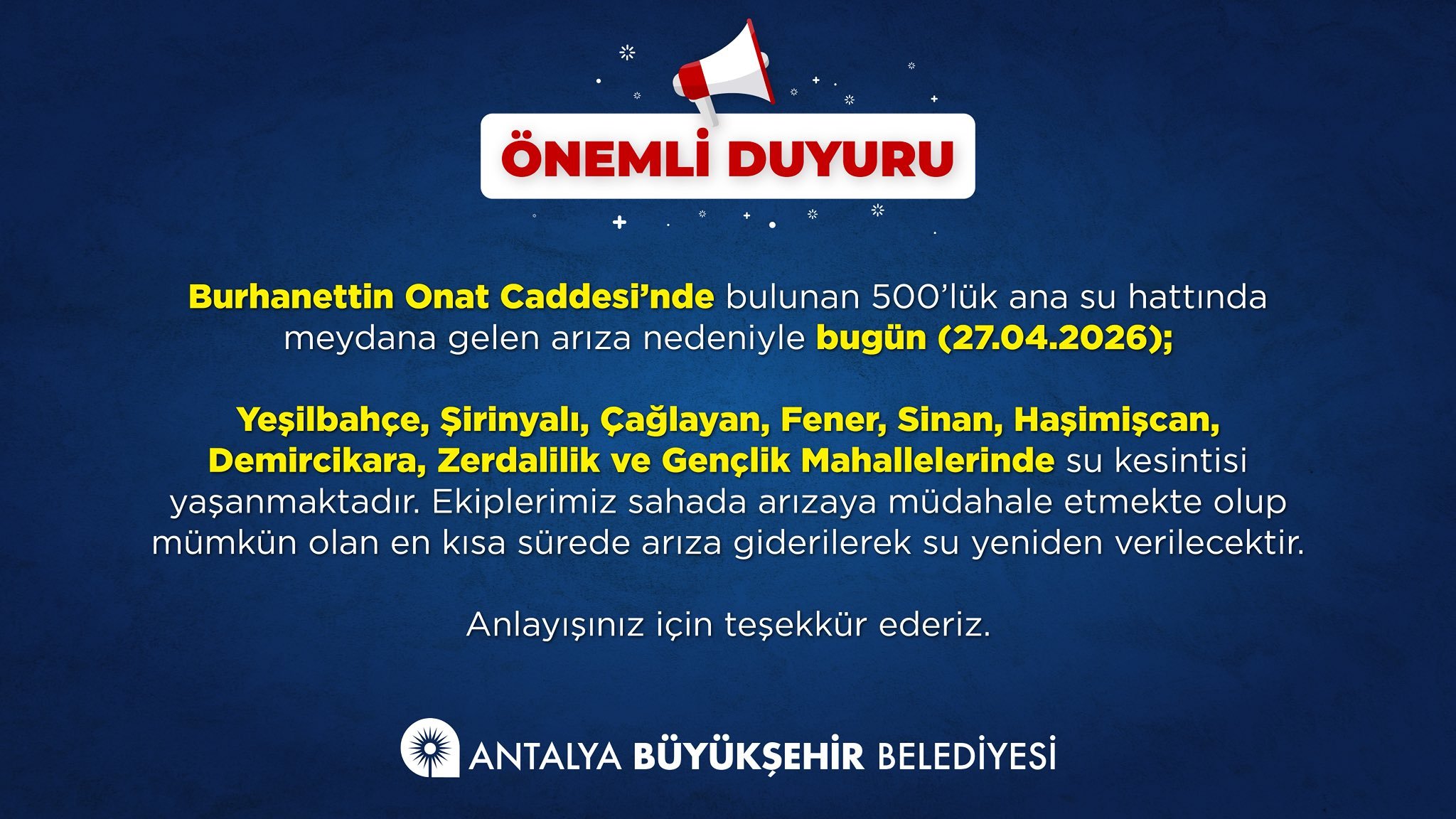 Burhanettin Onat Ana Hat Arizasi Su Kesintisi (2)