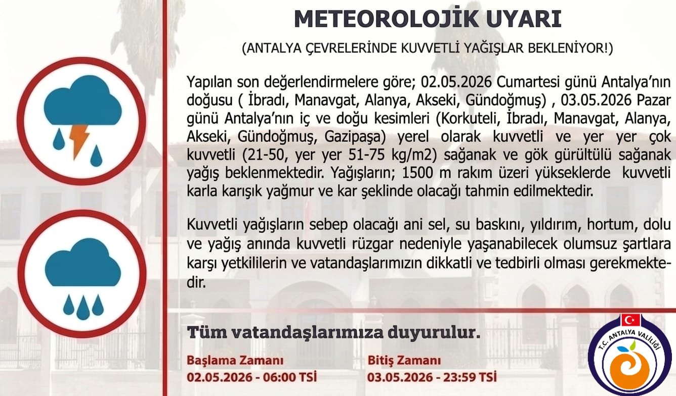 Antalya Valiliği’nden 7 Ilçeye Kuvvetli Sağanak Uyarısı