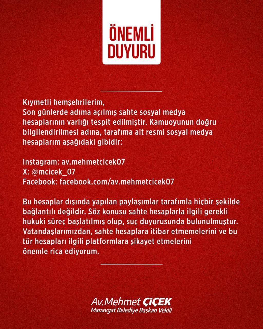 Başkan Vekili Çiçek’ten Sahte Hesap Uyarısı