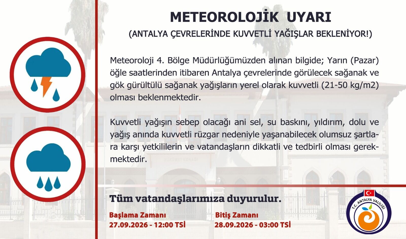 Antalya Için Meteorolojik Uyarı! Kuvvetli Yağış Geliyor