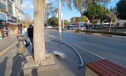 Manavgat'ta bayraklar aydınlatma direğini devirdi, araçlar zarar gördü