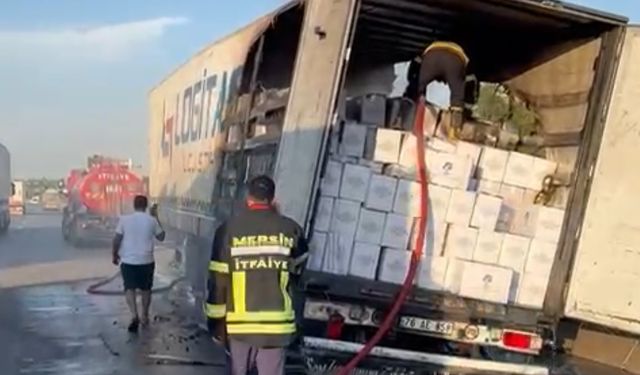 Mersin’de kaju yüklü tır alev aldı